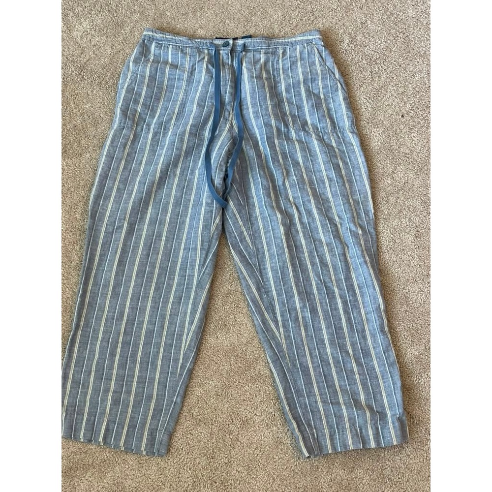 Crazy Horse Liz Claiborne Blue‎ Striped Linen Cotton Wide Leg Crop Pants 12